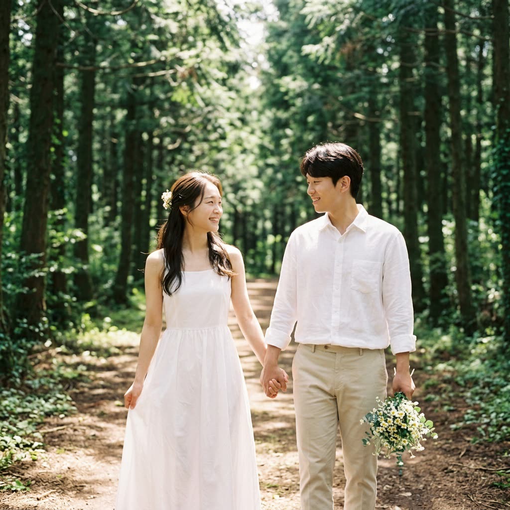 숲길에서 손잡은 두 사람