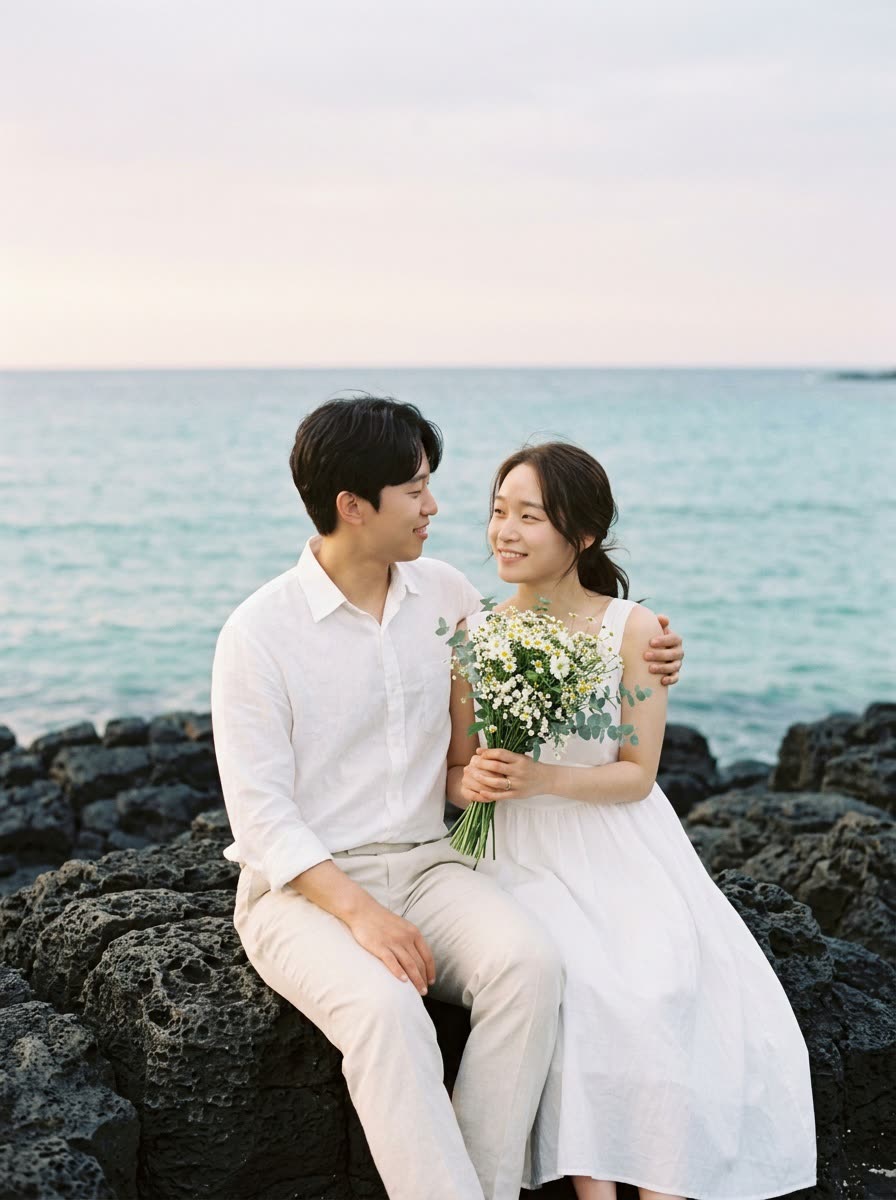 바닷가 현무암 위의 두 사람