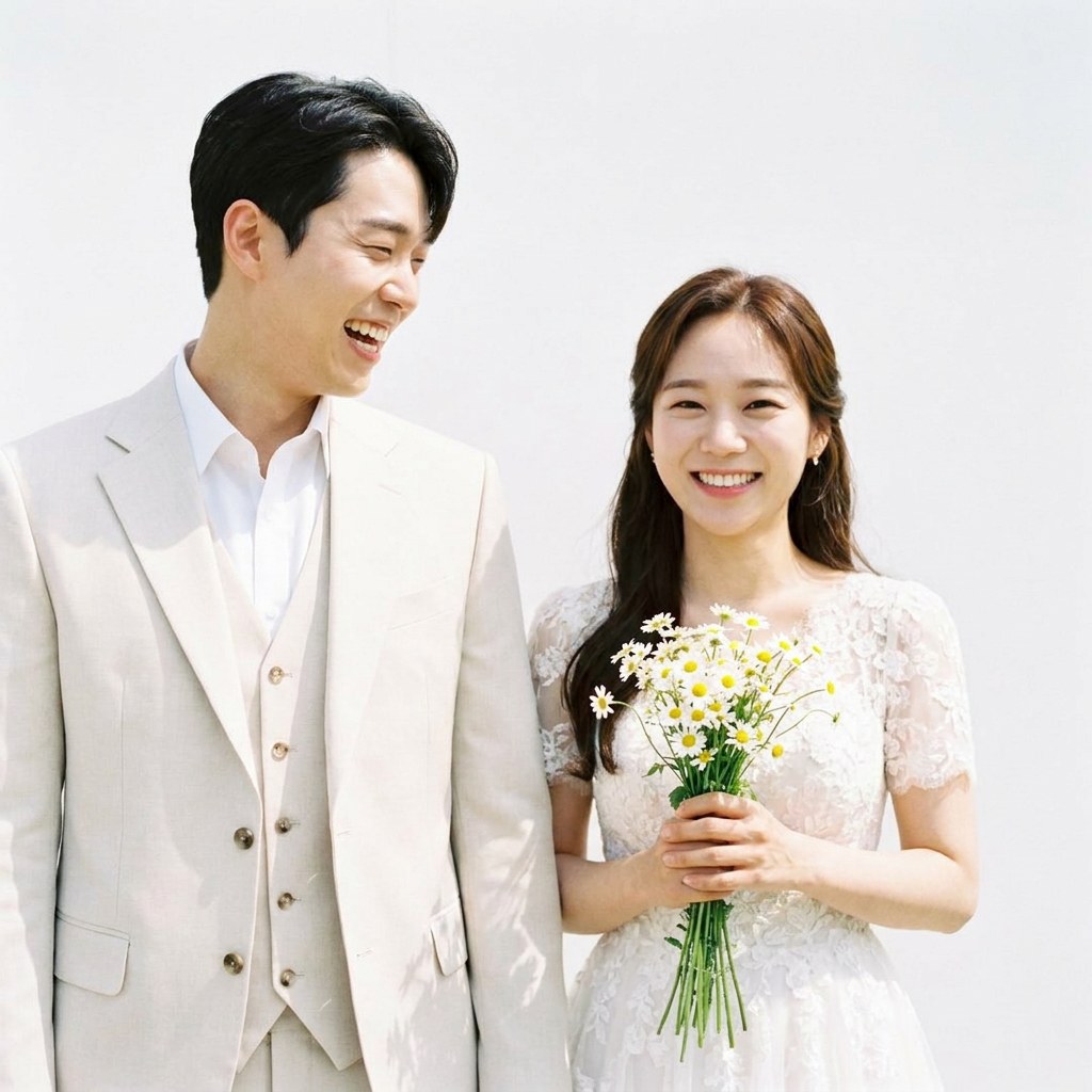 흰 벽 앞에서 부케를 든 두 사람